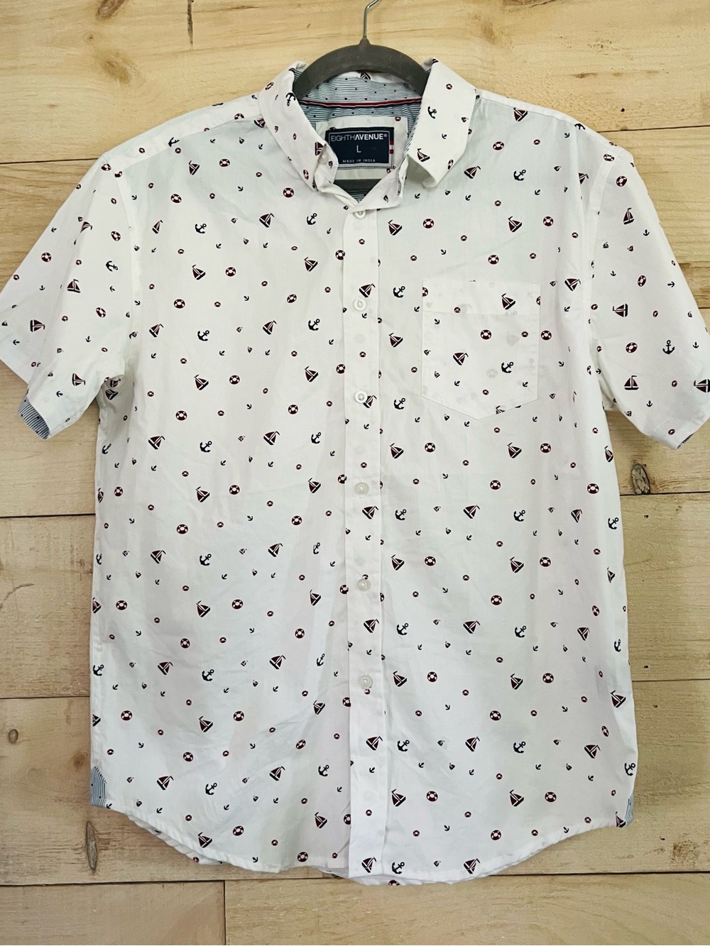 Eighth Avenue Button Down Short Sleeve Camp Shirt Sailboat Nautical Cotton Large